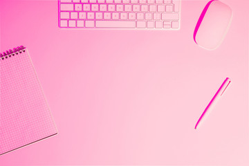 Poster - top view of computer keyboard and mouse, empty textbook and pen on pink table