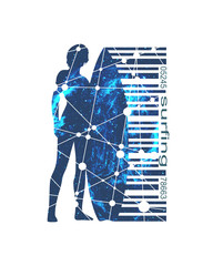 Woman posing with surfboard. Surfing emblem for web design or print. Bar code connected with silhouette textured by lines and dots pattern. Elements of this image furnished by NASA.
