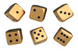 Set of golden dice with black dots isolated on white background