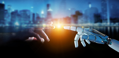 Fototapete - White cyborg finger about to touch human finger 3D rendering