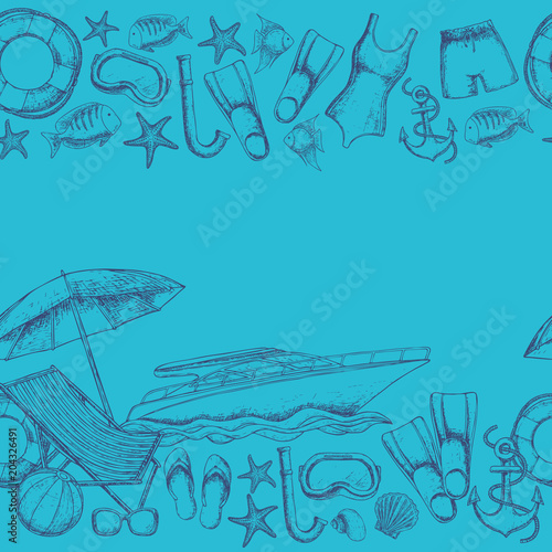 Tela Seamless borders of beach summer holidays accessories, sketch cartoon illustration