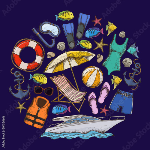 Fotografia Set of beach summer holidays accessories, cartoon illustration