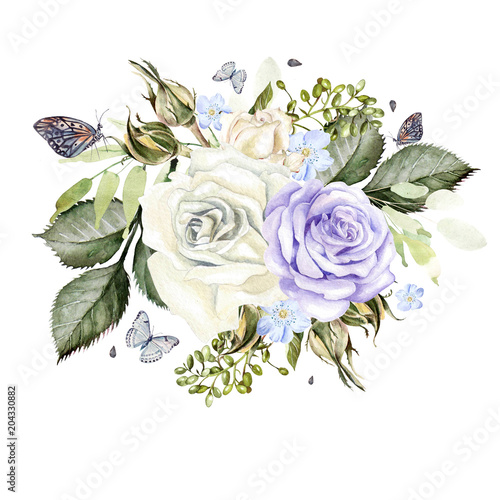 A beautiful watercolor bouquet with roses and butterfly.