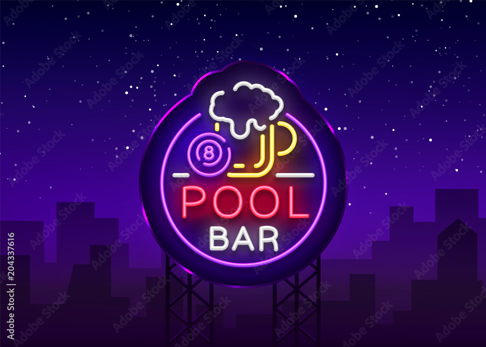 Pool bar logo in neon style. Neon sign design template for Billiard bar, club, beer and billiard light banner, night neon advertisement, design element, bright flyer. Vector illustration. Billboard
