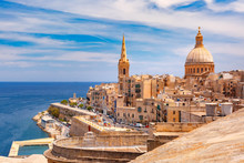 View From Above Of Roofs And Church Of Our Lady Of Mount Carmel And St. Paul's Anglican Pro-Cathedral, Valletta, Capital City Of Malta