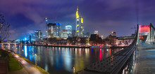 Picturesque Panoramic View Of Business District With Skyscrapers And Old Town With Mirror Reflections In The River During Foggy Morning Blue Hour, Frankfurt Am Main, Germany