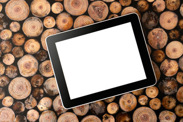 Wall Mural - Digital tablet pc and mobile phone on wood background.Felled wood. Wood texture