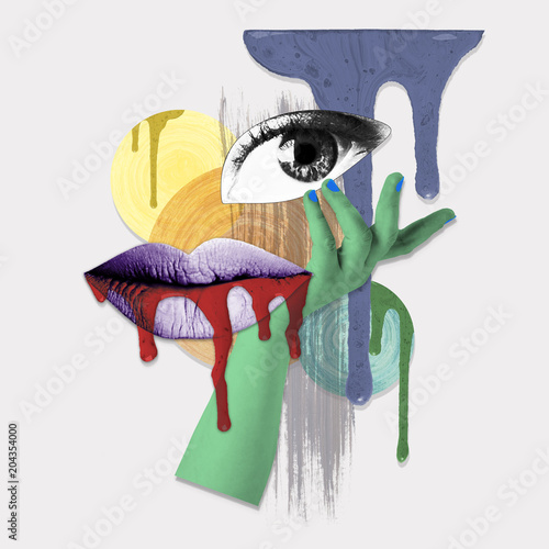 Plakaty do antyram, ramek lub samoprzylepne surrealistic-collage-the-girl-s-face-on-a-gray-background-it-is-isolated