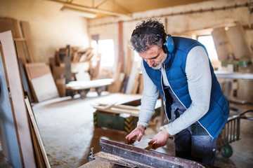 Wall Mural - A man worker in the carpentry workshop, working with wood.