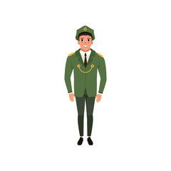 Canvas Print - Army officer in formal wear: green jacket, pants and peaked cap. Military theme. Cartoon character of young man. Flat vector design