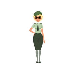 Canvas Print - Cartoon woman in formal military dress: green shirt, tie, skirt, beret and sunglasses. Young girl in army officer costume. Flat vector