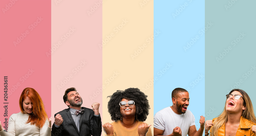 Cool group of people, woman and man happy and excited celebrating victory expressing big success, power, energy and positive emotions. Celebrates new job joyful - obrazy, fototapety, plakaty 