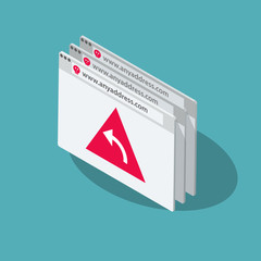 Fototapete - Pharming vector symbol with several browser windows and a red symbol redirection isolated on blue background. Flat design, easy to use for your website or presentation.