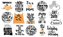 Hand Drawn Lettering Quotes About Cats Collections Isolated On The White Background. Fun Brush Ink Vector Calligraphy Illustrations Set For Banners, Greeting Card, Poster Design.