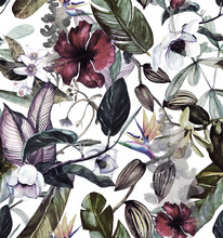 Seamless Watercolor Pattern With Tropical Flowers, Magnolia, Orange Flower, Vanilla Orchid, Tropical Leaves, Banana Leaves