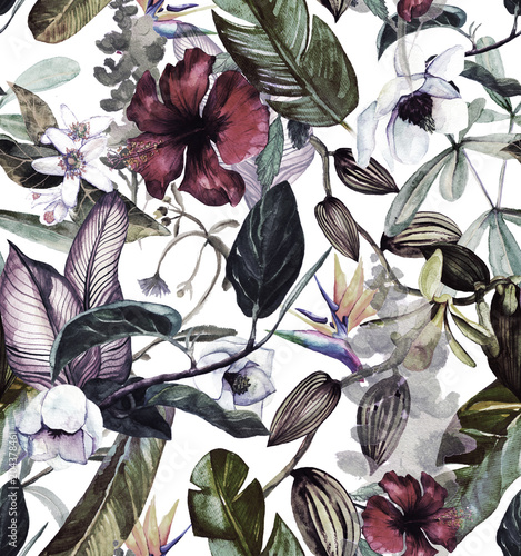 Plakat kwiaty akwarele  tropikalna-impresja-z-magnolia-kwiatem-pomaranczy-waniliowa-orchidea