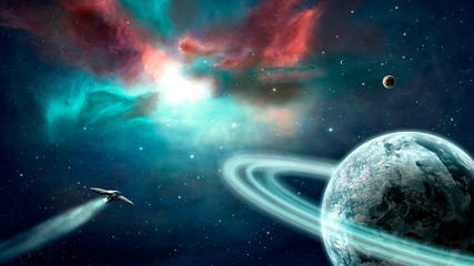 Wall Mural - space scene. blue and red nebula with planets and spaceship. elements furnished by nasa. 3d renderin