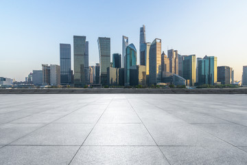 panoramic city skyline with empty floor