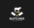 Butcher shop logo template. Cow and meat cleaver knife vector design. Butchery logotype