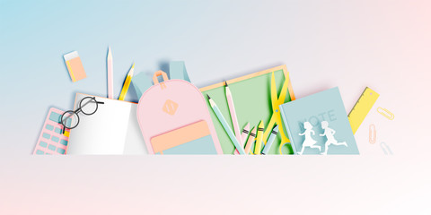 Various stationery for back to school in paper art style with pastel color