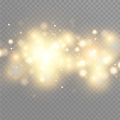 Gold glow particles bokeh. Glitter effect. Burst with sparkles.Golden Sparkling Glitters and Stars. Vector Festive Illustration of Shiny Particles. Fire Stars Isolated on Transparent.