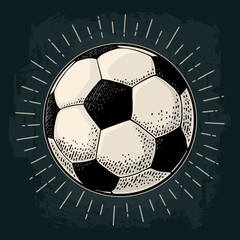 Wall Mural - Soccer ball with ray. Engraving vintage vector black illustration.