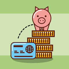 Wall Mural - piggy bank on stacked coins money and credit card vector illustration