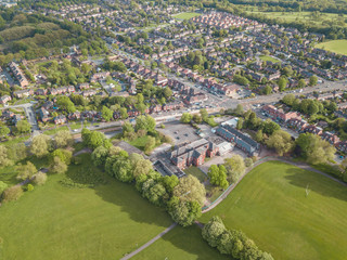 Residential houses drone above aerial view blue sky with park and greenery 