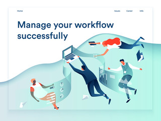 People flying and interacting with graphs and papers. Business and workflow management. Landing page template, 3d isometric vector illustration.