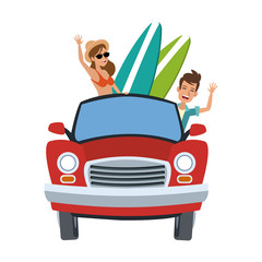 Poster - Car with surfers inside cartoon vector illustration graphic design