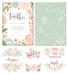 Rustic hand drawn wedding invitation with seamless background and floral design elements. Vector illustration.