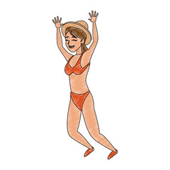 Poster - Young woman jumping on bikini vector illustration graphic design