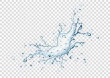 Realistic blue water splash and drops  on transparent background.