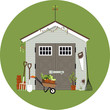 Garden shed with gardening tools around it, EPS 8 vector illustration, no transparencies 