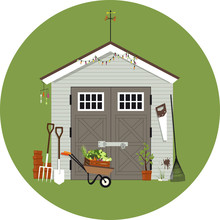 Garden Shed With Gardening Tools Around It, EPS 8 Vector Illustration, No Transparencies 