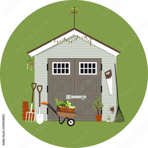 Fotomural Garden shed with gardening tools around it, EPS 8 vector illustration, no transp