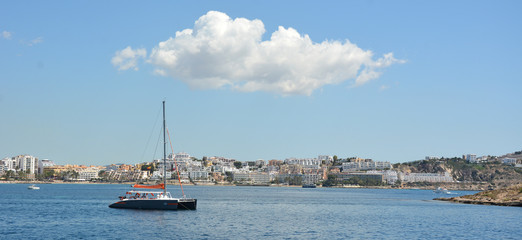 Beautiful view from the sea to the town of Ibiza