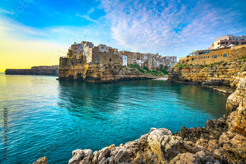Fotografie, Obraz Polignano a Mare village at sunrise, Bari, Apulia, Italy.
