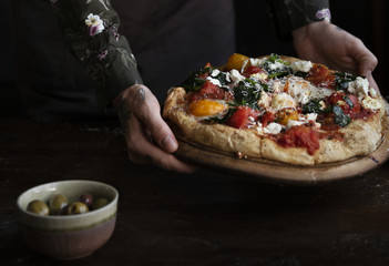 Wall Mural - Serving pizza food photography recipe idea