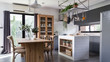 © Nut - cozy pantry area with natural wood dining table and stainless hanging  shelves in modern vintage style