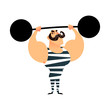 © elena_garder - Funny cartoon circus strong man. A strong muscular athlete lifts the barbell. Retro sportsman with a mustache. Flat vector guy character with heavy metal barbell. Bodybuilder illustration. Power