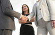 © ASDF - Businesspeople  shaking hands against room with large window loo