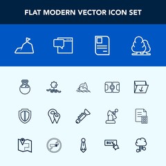 Modern, simple vector icon set with musical, bugle, pin, trash, protection, tree, morning, protect, personal, identity, technology, map, landscape, travel, garbage, business, id, environment icons