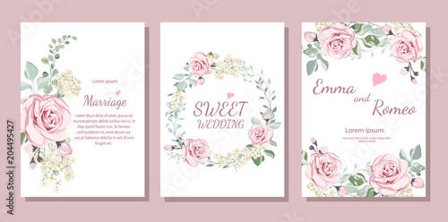 Set of card with flower rose, leaves. Wedding ornament concept. Floral poster...