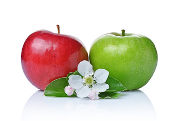 Wall Mural - Perfect fresh ripe green and red apples with leaves and spring flowers