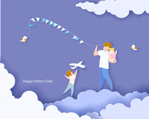 Handsome man with his children. Happy fathers day card. Paper cut style. Vector illustration