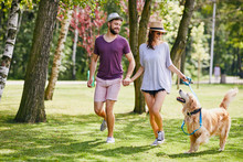 Young Couple Walking Their Dog Together In The Park During Summer