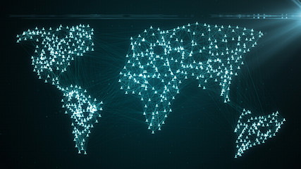 Wall Mural - Connecting people on the internet, nodes transforming into the shape of a world map, social network connection 3d illustration