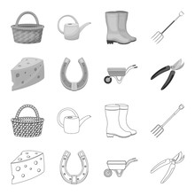 Cheese With Holes, A Trolley For Agricultural Work, A Horseshoe Made Of Metal, A Pruner For Cutting Trees, Shrubs. Farm And Gardening Set Collection Icons In Outline,monochrome Style Vector Symbol