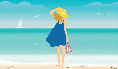 Seascape with surf, yacht, seagulls - Woman in hat and summer dress, in hand holds sandals - vector art illustration